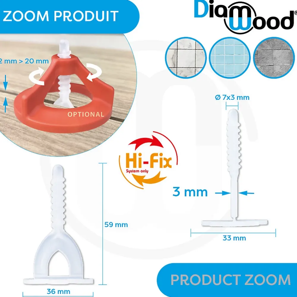 Diamwood Expert En Equipement 250 Croisillons Autonivelants à Visser 3 mm "HI-FIX" Pour Carreaux de 2 à 20 mm - Diamwood- Outils Du Carreleur