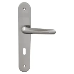 Poignée De Porte<2 poignées de porte sur plaque rond avec serrure Amga, entraxe 195mm, coloris gris satiné