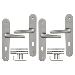 Poignée De Porte<2 poignées de porte sur plaque rond avec serrure Amga, entraxe 195mm, coloris gris satiné