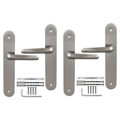 Poignée De Porte<2 poignées de porte sur plaque rond Amga, entraxe 195mm, coloris gris satiné
