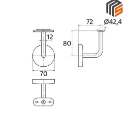 MySystem 2 x Support mural fixe - Main courante diam. 42,4 mm - Platine 3 trous fraisés + CACHE - Inox 304- Accessoire D'Escalier