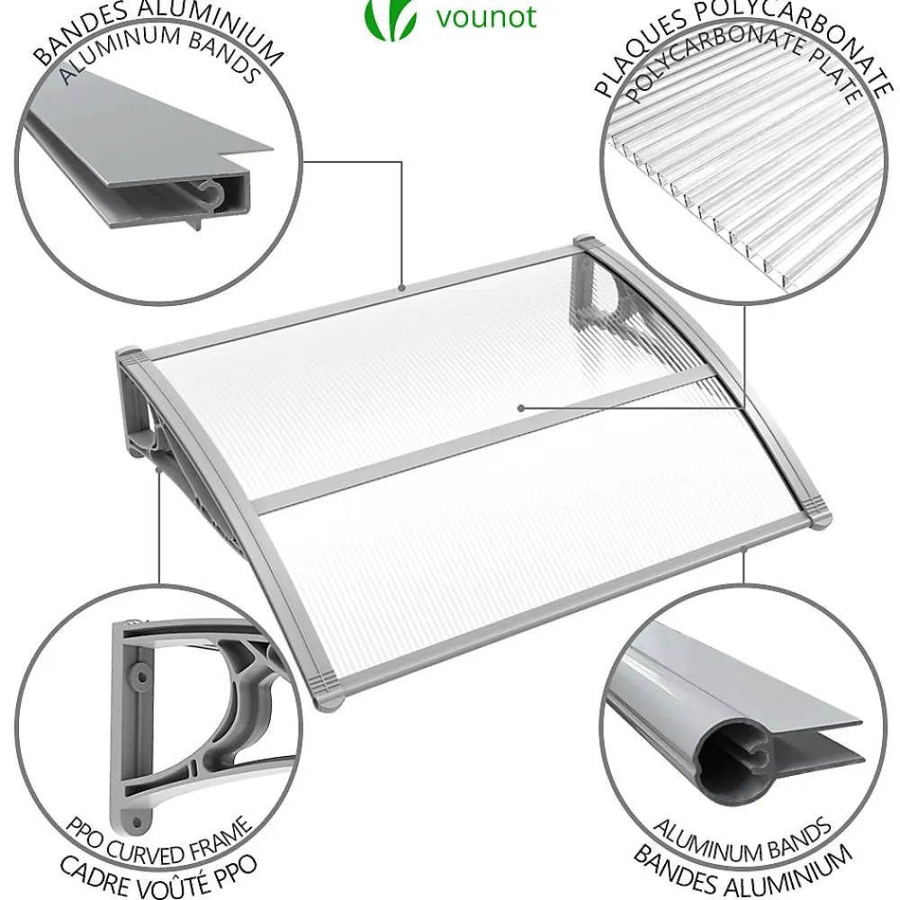 Vounot Auvent Et Marquise<Auvent de porte marquise 120x80 cm transparent en Polycarbonate anti UV Gris