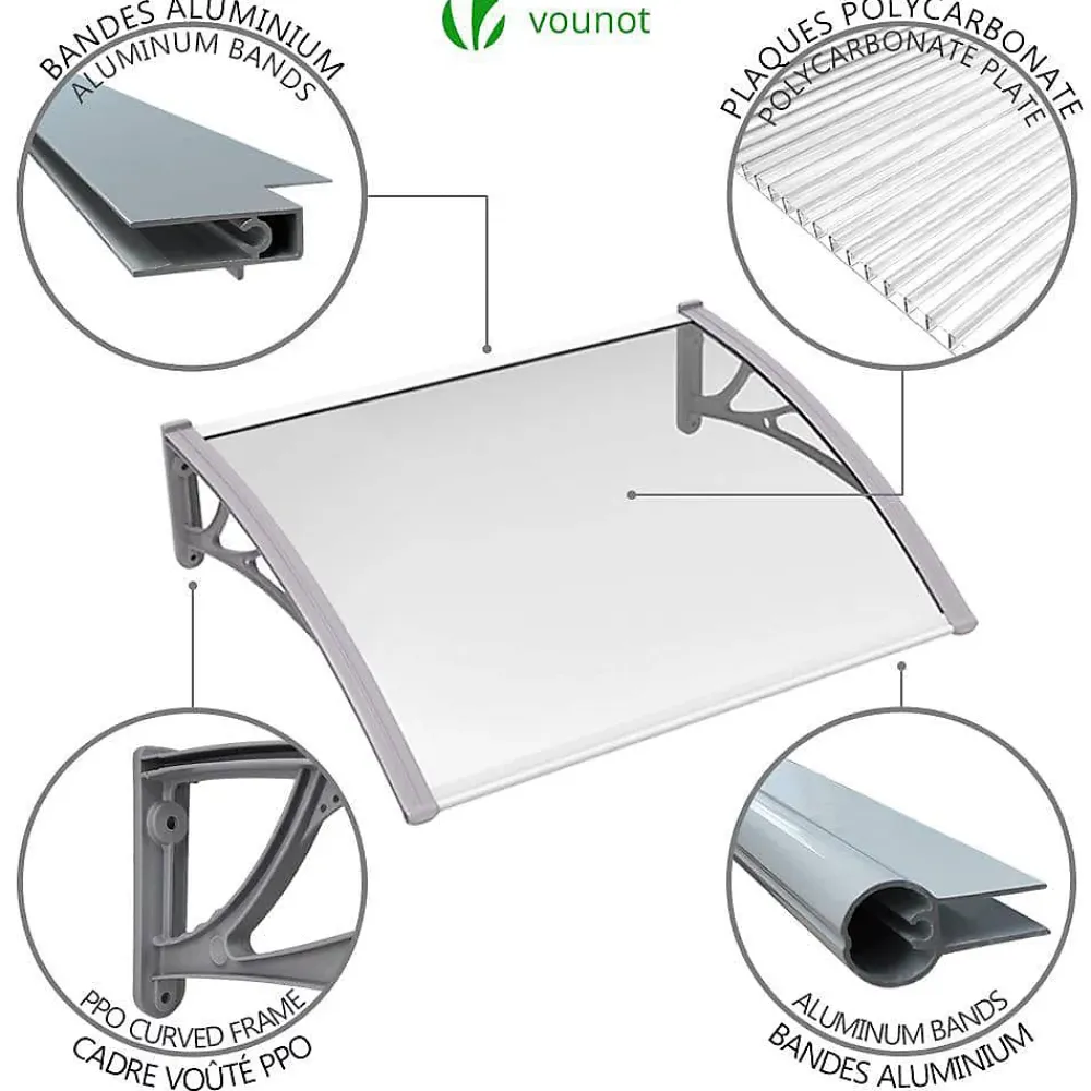 Vounot Auvent Et Marquise<Auvent de porte marquise 120x80 cm transparent en Polycarbonate anti UV Gris