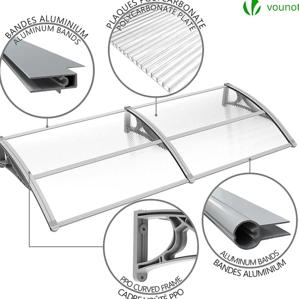 Vounot Auvent Et Marquise<Auvent de porte marquise 200x80 cm transparent en Polycarbonate anti UV Gris