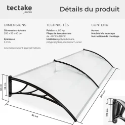 Tectake Auvent Et Marquise<Auvent de porte Marquise Résistant aux intempéries blanc transparent