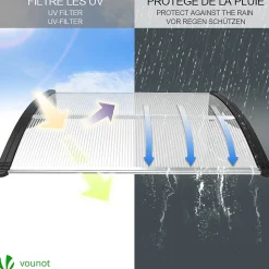 Vounot Auvent Et Marquise<Auvent de porte marquise 120x80 cm transparent en Polycarbonate anti UV Noir