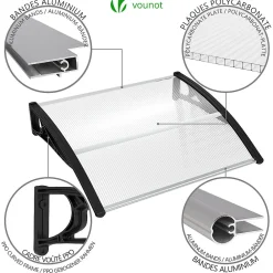 Vounot Auvent Et Marquise<Auvent de porte marquise 120x80 cm transparent en Polycarbonate anti UV Noir
