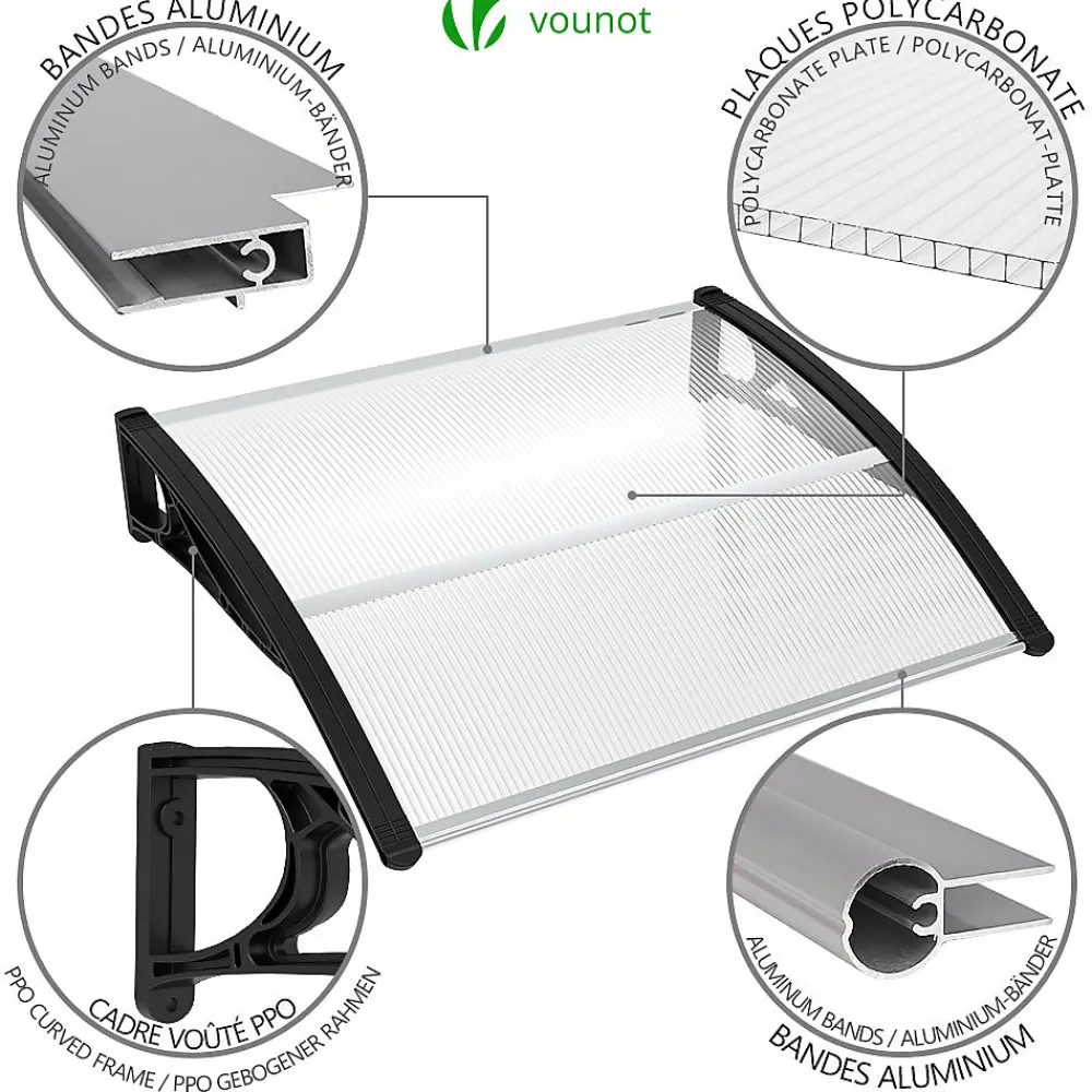 Vounot Auvent Et Marquise<Auvent de porte marquise 120x80 cm transparent en Polycarbonate anti UV Noir