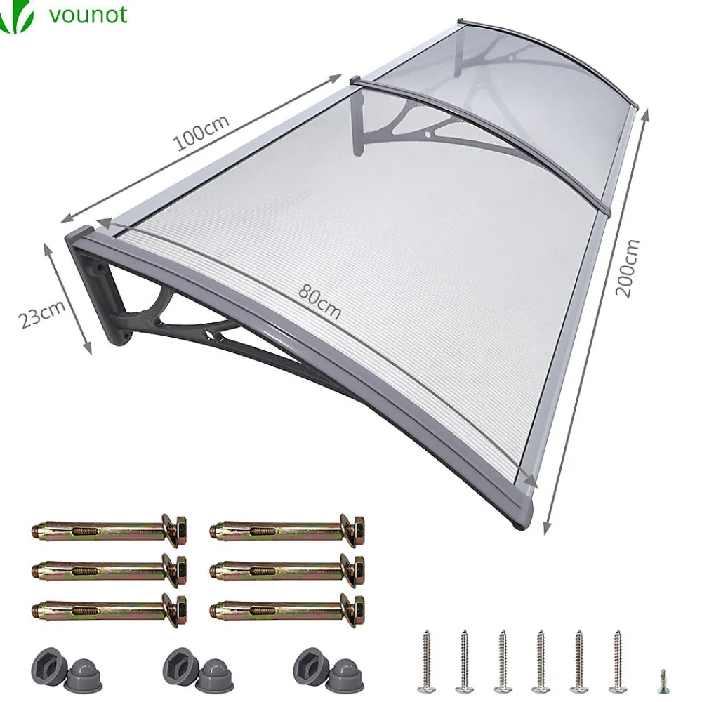 Vounot Auvent Et Marquise<Auvent de porte marquise 200x80 cm transparent en Polycarbonate anti UV Gris