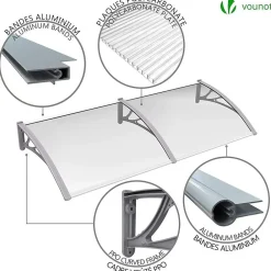 Vounot Auvent Et Marquise<Auvent de porte marquise 200x80 cm transparent en Polycarbonate anti UV Gris