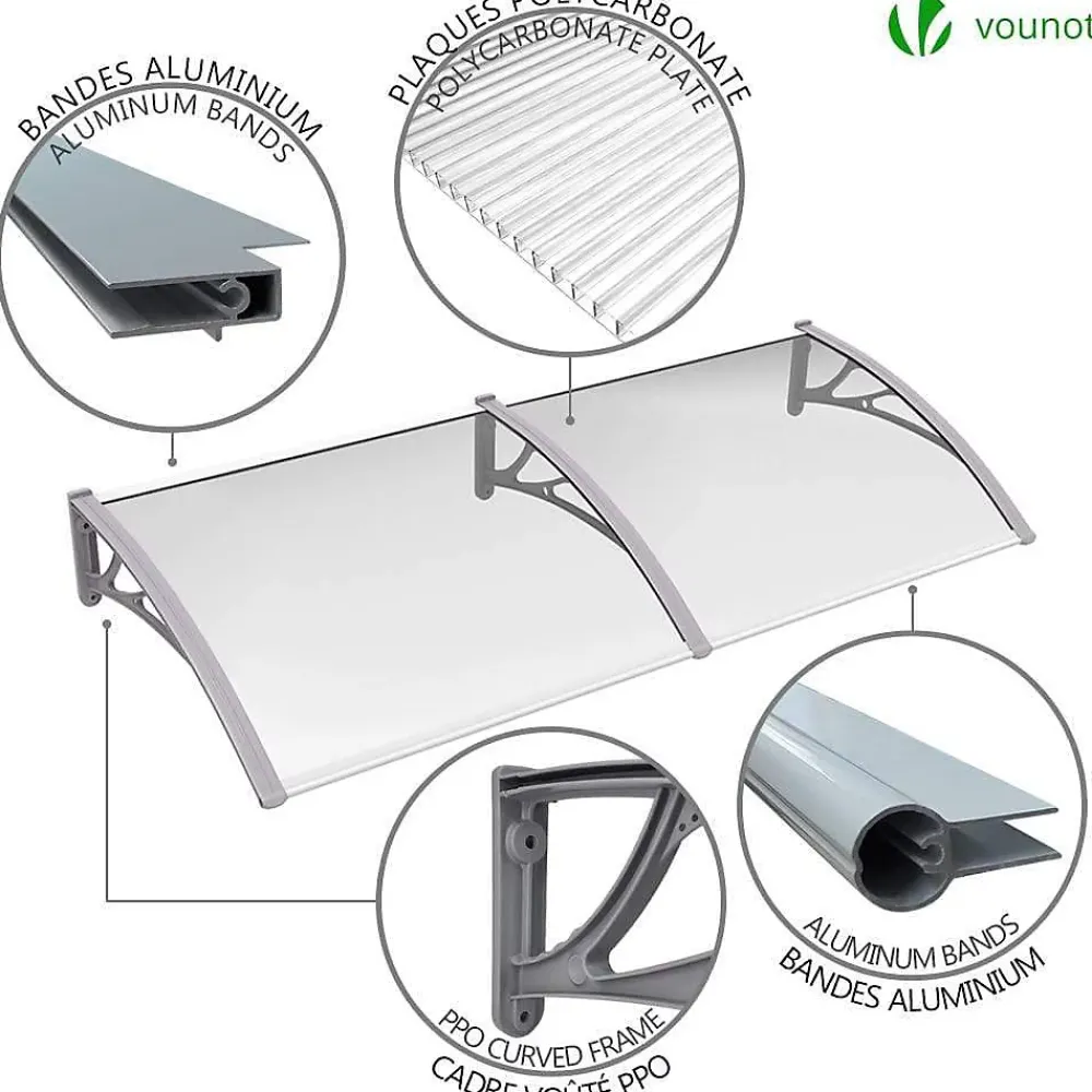 Vounot Auvent Et Marquise<Auvent de porte marquise 200x80 cm transparent en Polycarbonate anti UV Gris