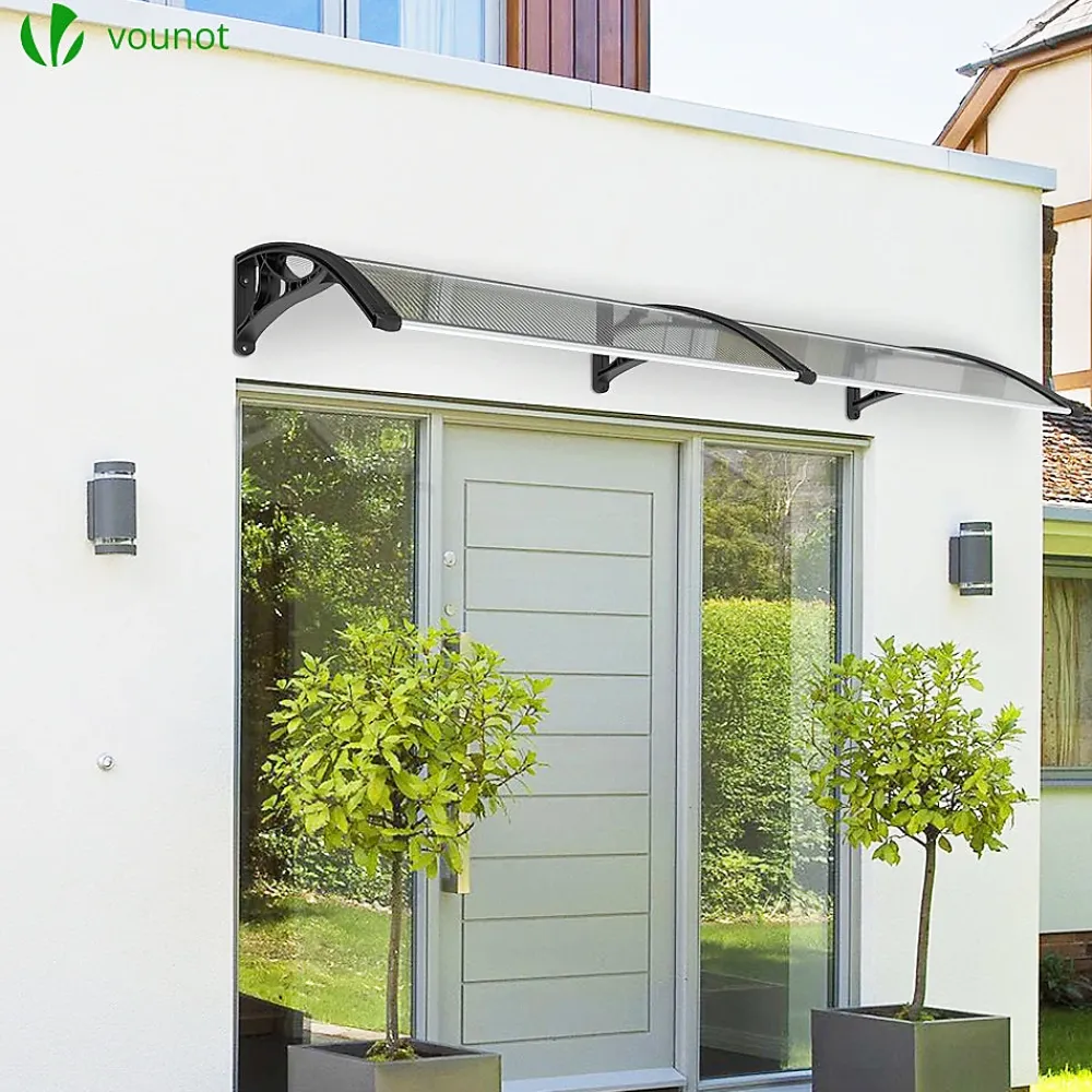Vounot Auvent de porte marquise 200x80 cm transparent en Polycarbonate anti UV Noir- Auvent Et Marquise