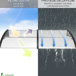 Vounot Auvent de porte marquise 200x80 cm transparent en Polycarbonate anti UV Noir- Auvent Et Marquise
