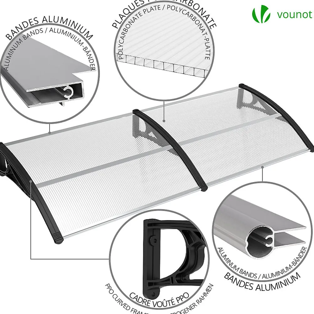 Vounot Auvent de porte marquise 200x80 cm transparent en Polycarbonate anti UV Noir- Auvent Et Marquise