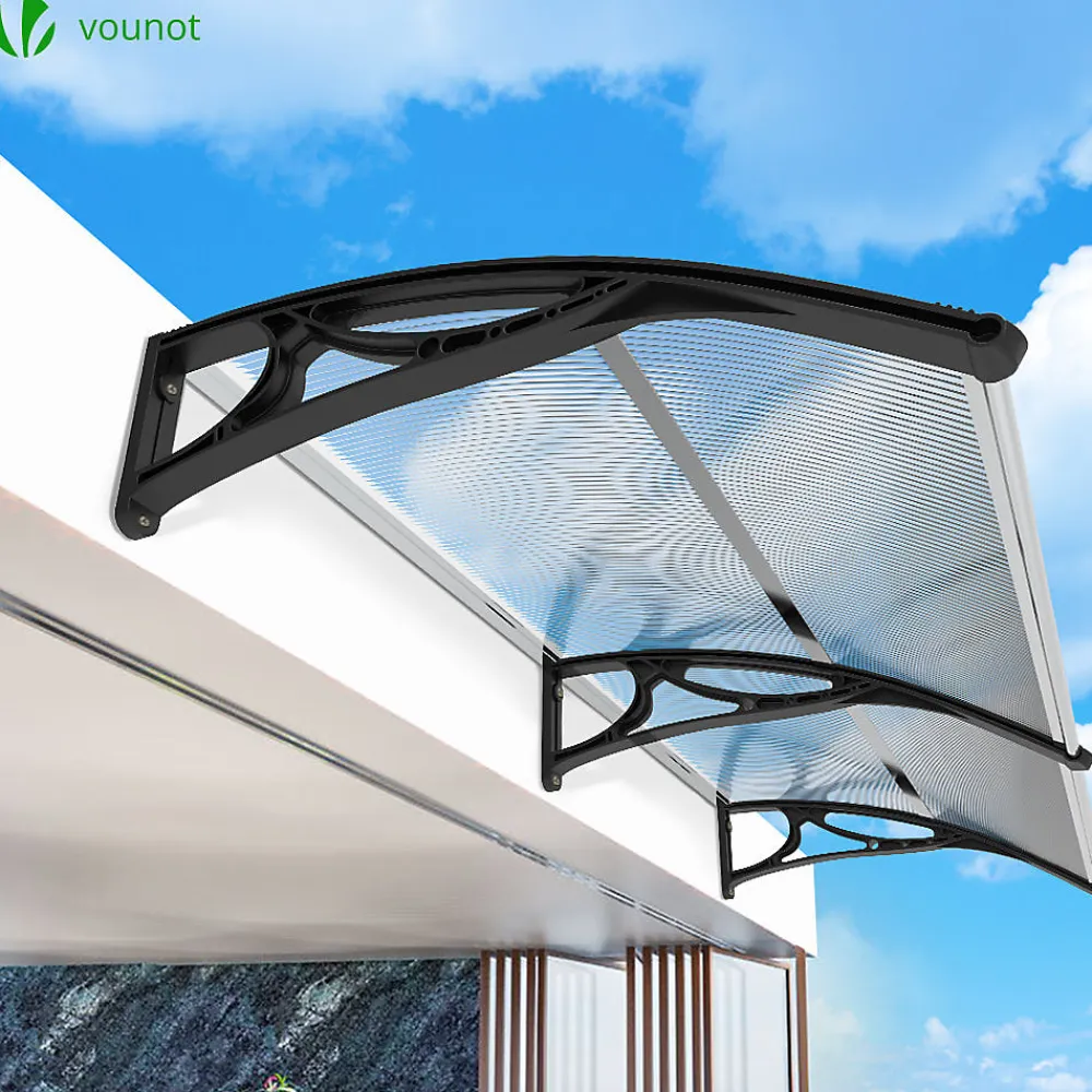 Vounot Auvent de porte marquise 200x80 cm transparent en Polycarbonate anti UV Noir- Auvent Et Marquise
