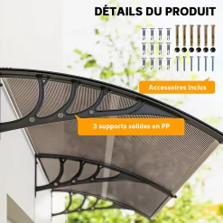 Outsunny Auvent Et Marquise<Auvent marquise de porte design voûté arrondi dim. 195L x 80l x 23H cm polycarbonate fumé brun plastique noir