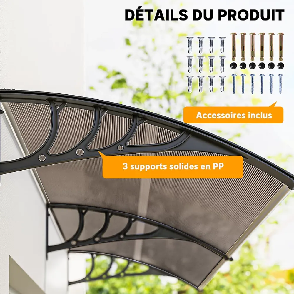 Outsunny Auvent Et Marquise<Auvent marquise de porte design voûté arrondi dim. 195L x 80l x 23H cm polycarbonate fumé brun plastique noir