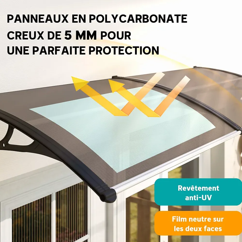 Outsunny Auvent Et Marquise<Auvent marquise de porte design voûté arrondi dim. 195L x 80l x 23H cm polycarbonate fumé brun plastique noir