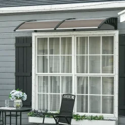 Outsunny Auvent marquise de porte design voûté arrondi dim. 200L x 96l x 27H cm polycarbonate fumé brun PP noir- Auvent Et Marquise