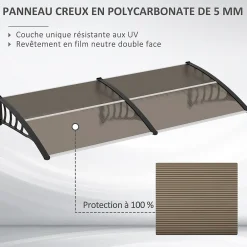 Outsunny Auvent marquise de porte design voûté arrondi dim. 200L x 96l x 27H cm polycarbonate fumé brun PP noir- Auvent Et Marquise