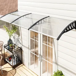 Outsunny Auvent Et Marquise<Auvent marquise de porte design voûté arrondi dim. 303L x 96l x 27H cm alu polycarbonate plastique noir