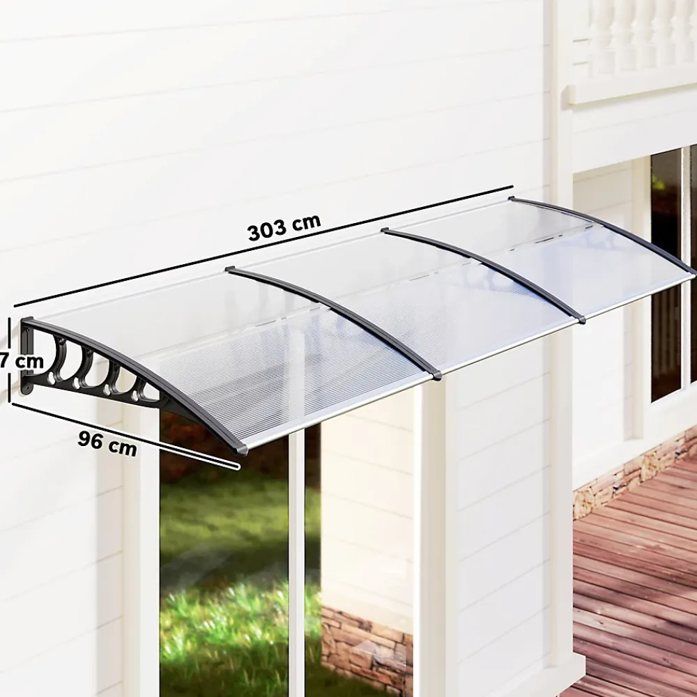 Outsunny Auvent Et Marquise<Auvent marquise de porte design voûté arrondi dim. 303L x 96l x 27H cm alu polycarbonate plastique noir