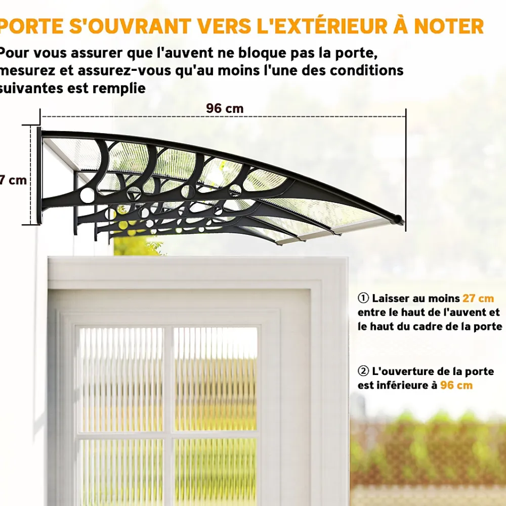 Outsunny Auvent Et Marquise<Auvent marquise de porte design voûté arrondi dim. 303L x 96l x 27H cm alu polycarbonate plastique noir