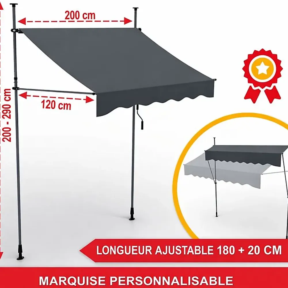 Bb Loisir Auvent pour balcon et terasse 200x120cm rétractable avec manivelle réglable en hauteur- Auvent Et Marquise