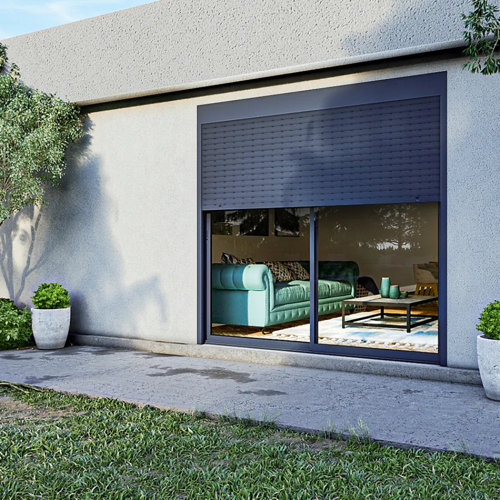 Baie Vitrée Coulissante<Baie coulissante en aluminium gris avec volet roulant filaire l.180 x H.215 cm Uw=2