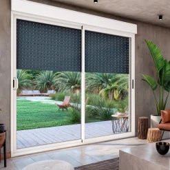Baie coulissante en aluminium bicolore avec volet roulant électrique intégré motorisation SOMFY l.240 x H.200 cm Uw=2- Baie Vitrée Coulissante