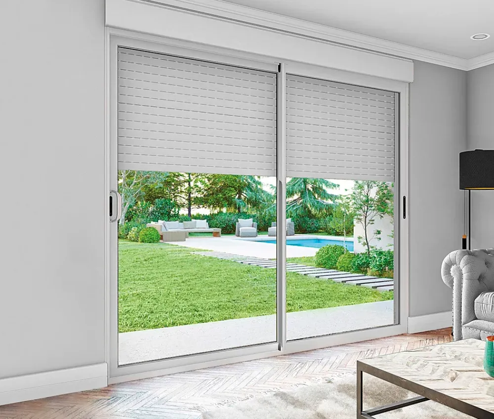 Baie Vitrée Coulissante<Baie coulissante en aluminium blanc avec volet roulant électrique intégré motorisation Somfy l.240 x H.200 cm Uw=2