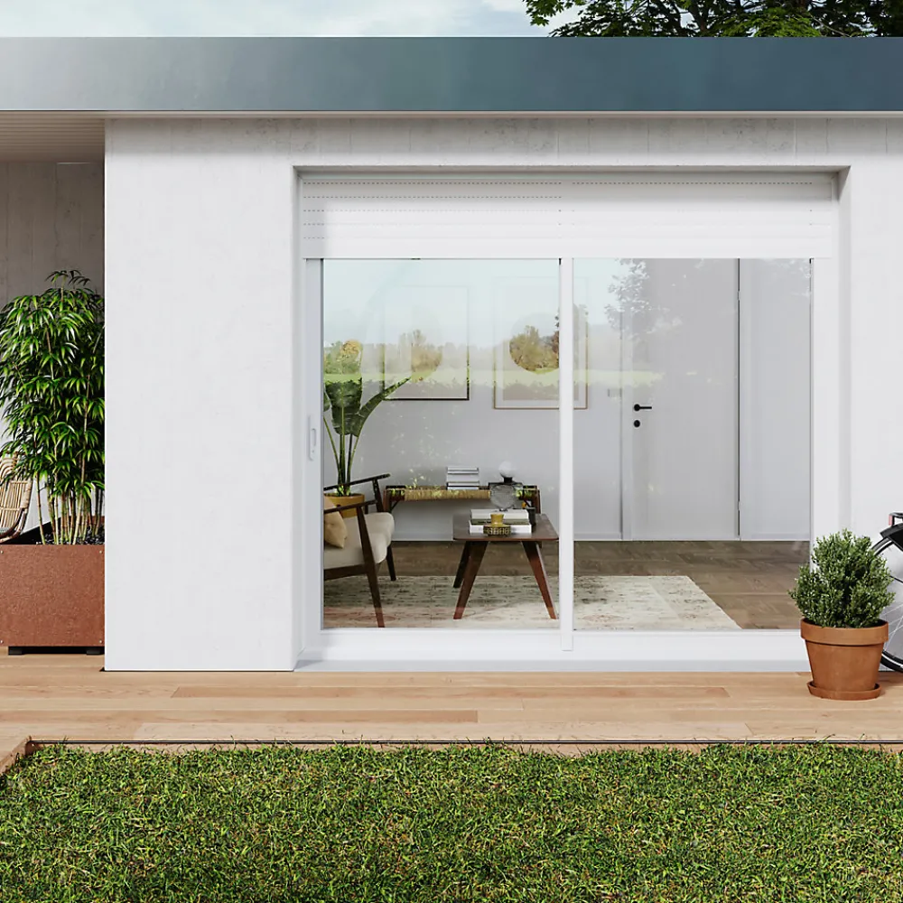 GoodHome Baie vitrée coulissante alu + volet roulant électrique blanc - l.180 x h.215 cm - Uw 1,7- Baie Vitrée Coulissante