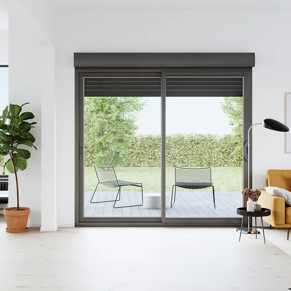 GoodHome Baie vitrée coulissante alu + volet roulant motorisé gris - l.180 x h.215 cm - Uw 1,7- Baie Vitrée Coulissante