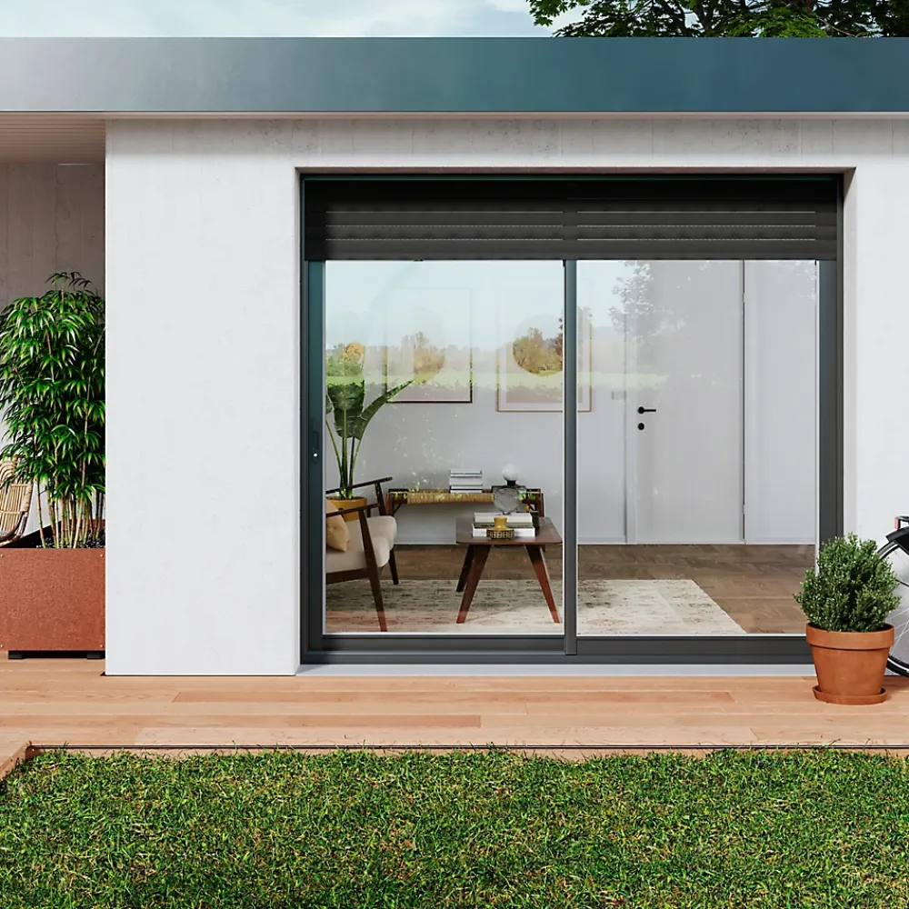 GoodHome Baie vitrée coulissante alu + volet roulant motorisé gris - l.180 x h.215 cm - Uw 1,7- Baie Vitrée Coulissante