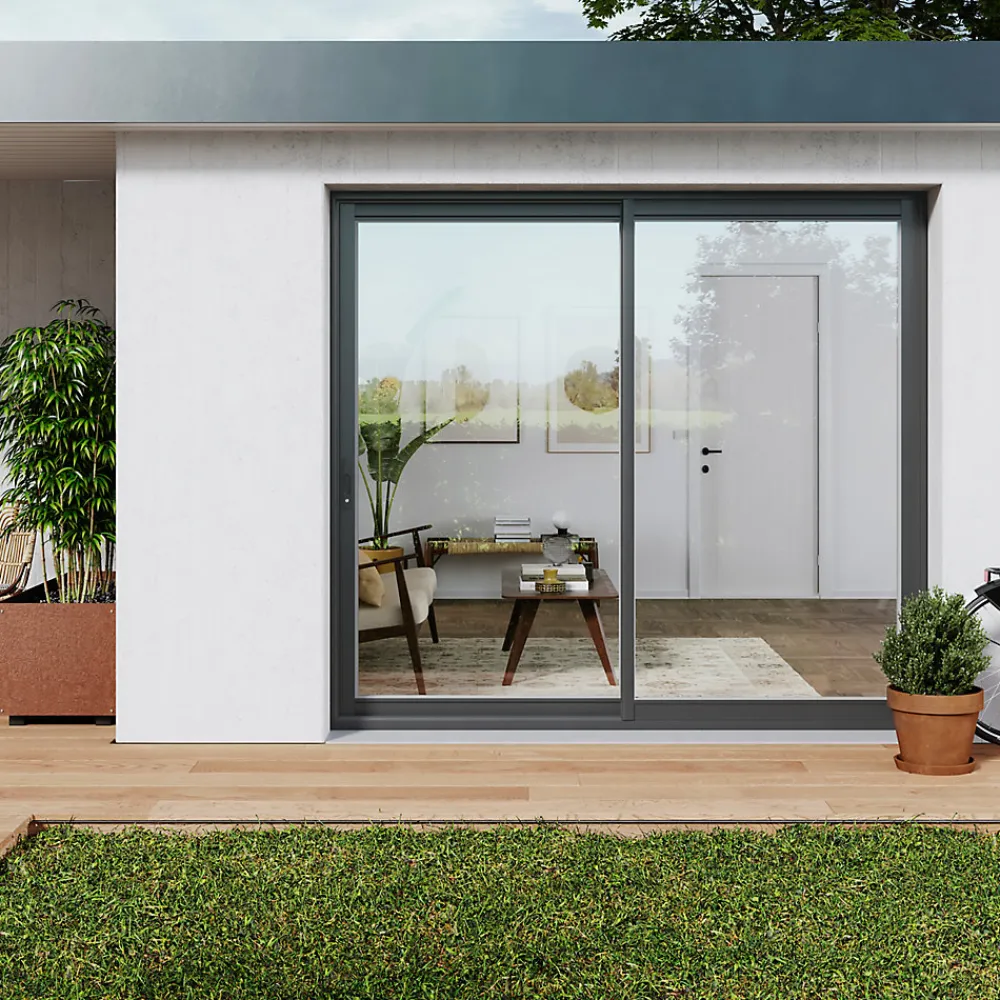 GoodHome Baie vitrée coulissante alu gris - l.180 x h.215 cm - Uw 1,7- Baie Vitrée Coulissante