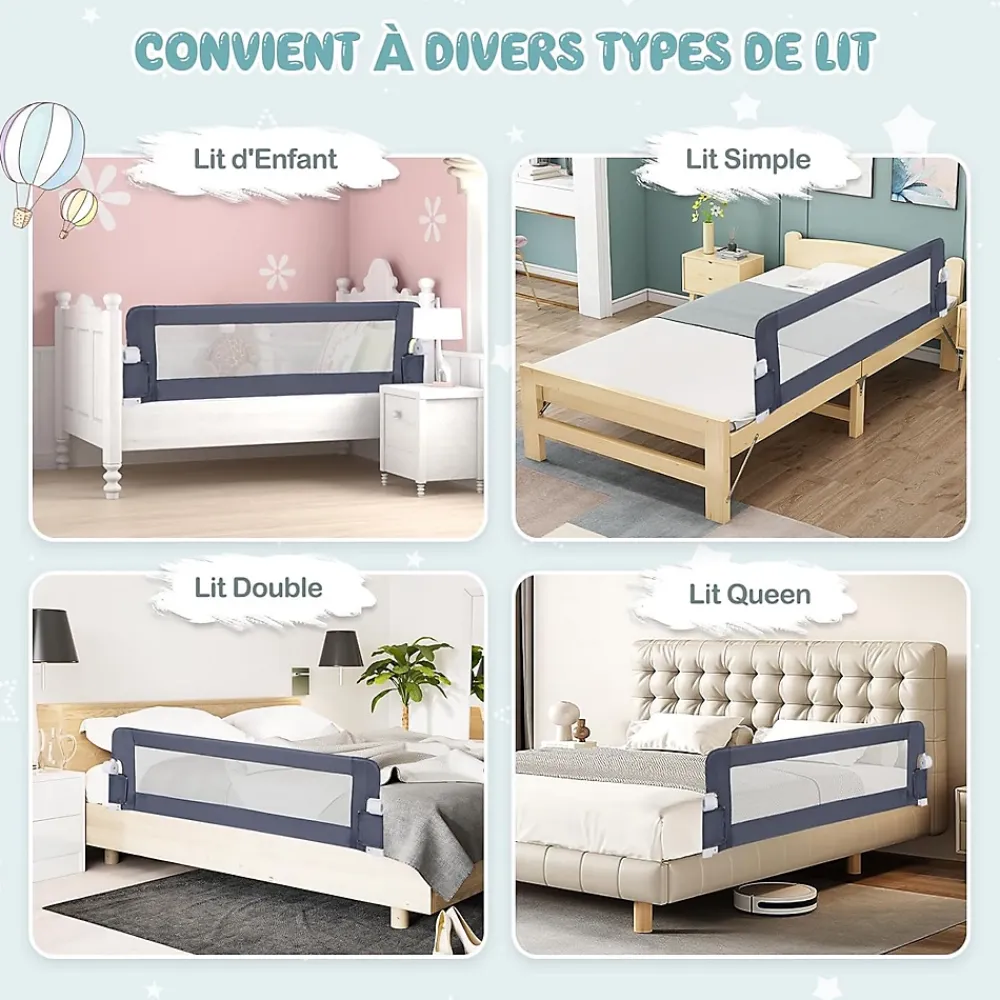 Giantex Barrière De Sécurité<Barriere de Lit Pliable et Portable avec Cadre en Metal,en Forme de T, avec Mecanisme a Double Bouton (Gris, 150 x 40 x 42 CM)