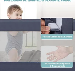Giantex Barrière De Sécurité<Barriere de Lit Pliable et Portable avec Cadre en Metal,en Forme de T, avec Mecanisme a Double Bouton (Gris, 150 x 40 x 42 CM)
