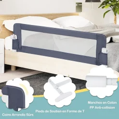 Giantex Barrière De Sécurité<Barriere de Lit Pliable et Portable avec Cadre en Metal,en Forme de T, avec Mecanisme a Double Bouton (Gris, 150 x 40 x 42 CM)