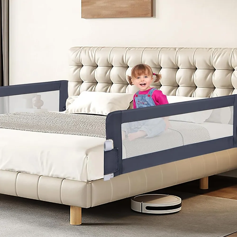 Giantex Barrière De Sécurité<Barriere de Lit Pliable et Portable avec Cadre en Metal,en Forme de T, avec Mecanisme a Double Bouton (Gris, 150 x 40 x 42 CM)