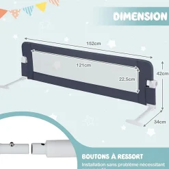 Giantex Barrière De Sécurité<Barriere de Lit Pliable et Portable avec Cadre en Metal,en Forme de T, avec Mecanisme a Double Bouton (Gris, 150 x 40 x 42 CM)