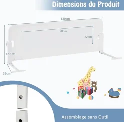 Giantex Barrière De Sécurité<Barriere de Lit Pliable et Portable avec Cadre en Metal , en Forme de T, avec Mecanisme a Double Bouton (Blanc, 120 x 40 x 42 CM)