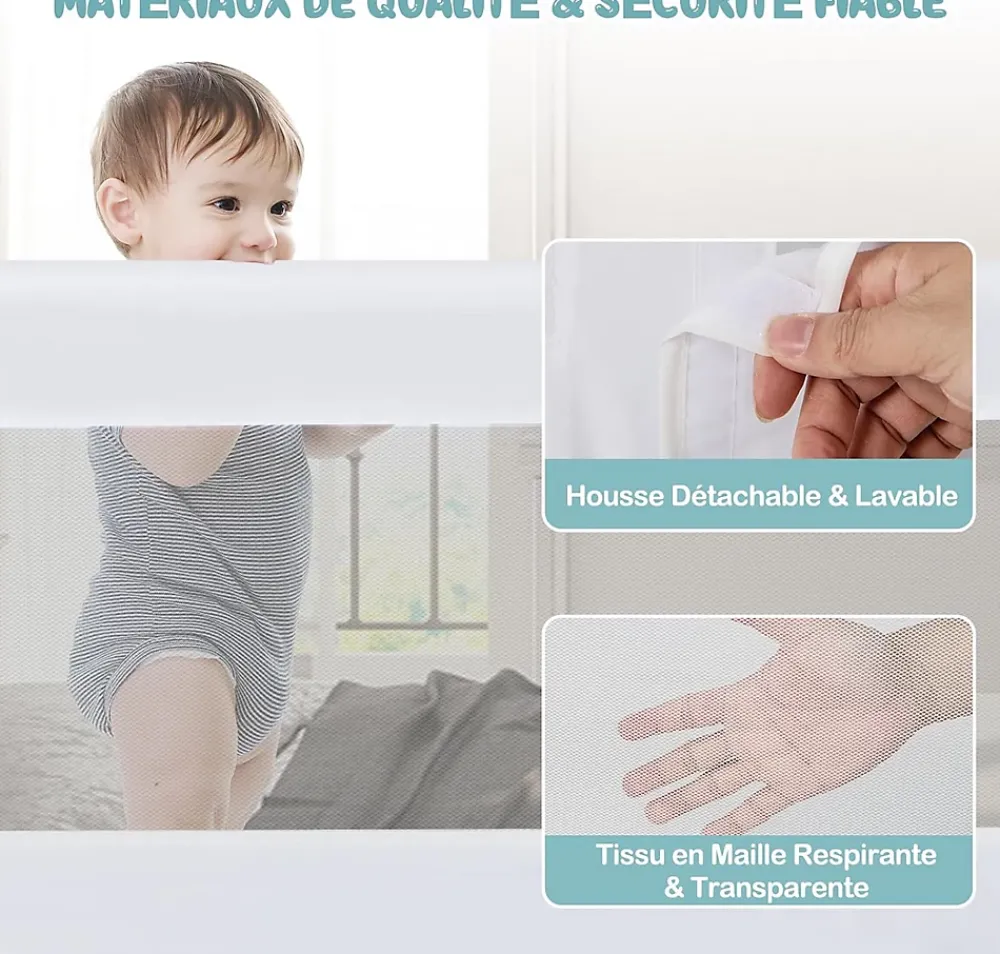 Giantex Barriere de Lit Pliable et Portable avec Cadre en Metal , en Forme de T, avec Mecanisme a Double Bouton (Blanc, 150 x 40 x 42 CM)- Barrière De Sécurité
