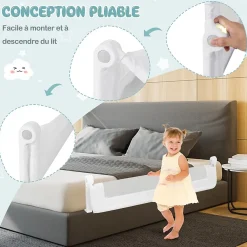Giantex Barriere de Lit Pliable et Portable avec Cadre en Metal , en Forme de T, avec Mecanisme a Double Bouton (Blanc, 150 x 40 x 42 CM)- Barrière De Sécurité