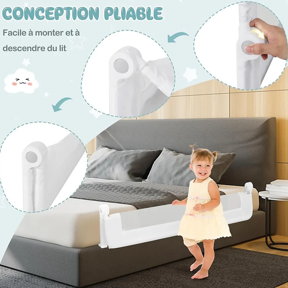 Giantex Barriere de Lit Pliable et Portable avec Cadre en Metal , en Forme de T, avec Mecanisme a Double Bouton (Blanc, 150 x 40 x 42 CM)- Barrière De Sécurité