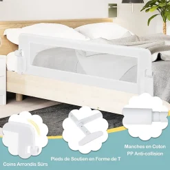 Giantex Barriere de Lit Pliable et Portable avec Cadre en Metal , en Forme de T, avec Mecanisme a Double Bouton (Blanc, 150 x 40 x 42 CM)- Barrière De Sécurité