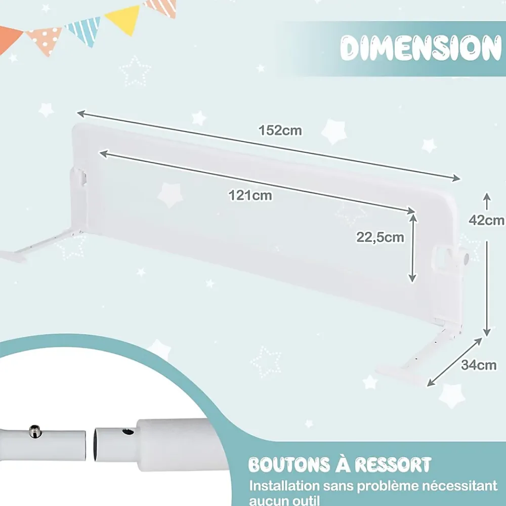 Giantex Barriere de Lit Pliable et Portable avec Cadre en Metal , en Forme de T, avec Mecanisme a Double Bouton (Blanc, 150 x 40 x 42 CM)- Barrière De Sécurité