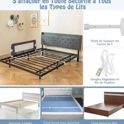 Giantex Barrière De Sécurité<Barriere de Lit Pliable et Portable avec Cadre en Metal, en Forme de T, avec Mecanisme a Double Bouton (Gris, 120 x 40 x 42 CM)