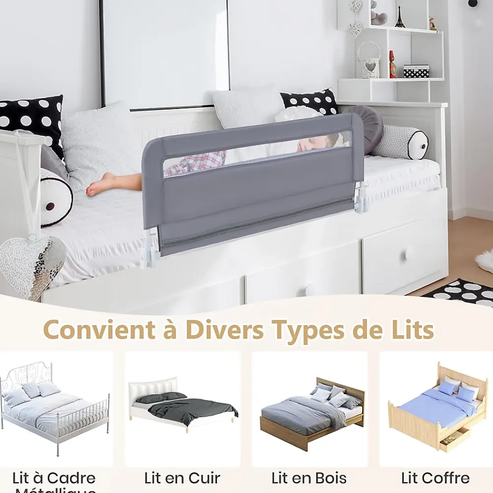Giantex Barriere de Securite Enfant 100 cm, Barrière de Lit Bébé Rabattable avec Cadre en Métal, Housse Amovible, Gris- Barrière De Sécurité
