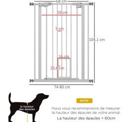 PawHut Barrière de sécurité animaux réglable L.74-80 cm porte double verrouillage petite porte sans perçage- Barrière De Sécurité