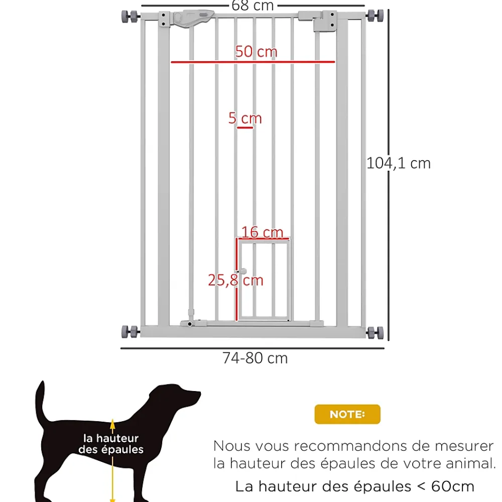 PawHut Barrière de sécurité animaux réglable L.74-80 cm porte double verrouillage petite porte sans perçage- Barrière De Sécurité